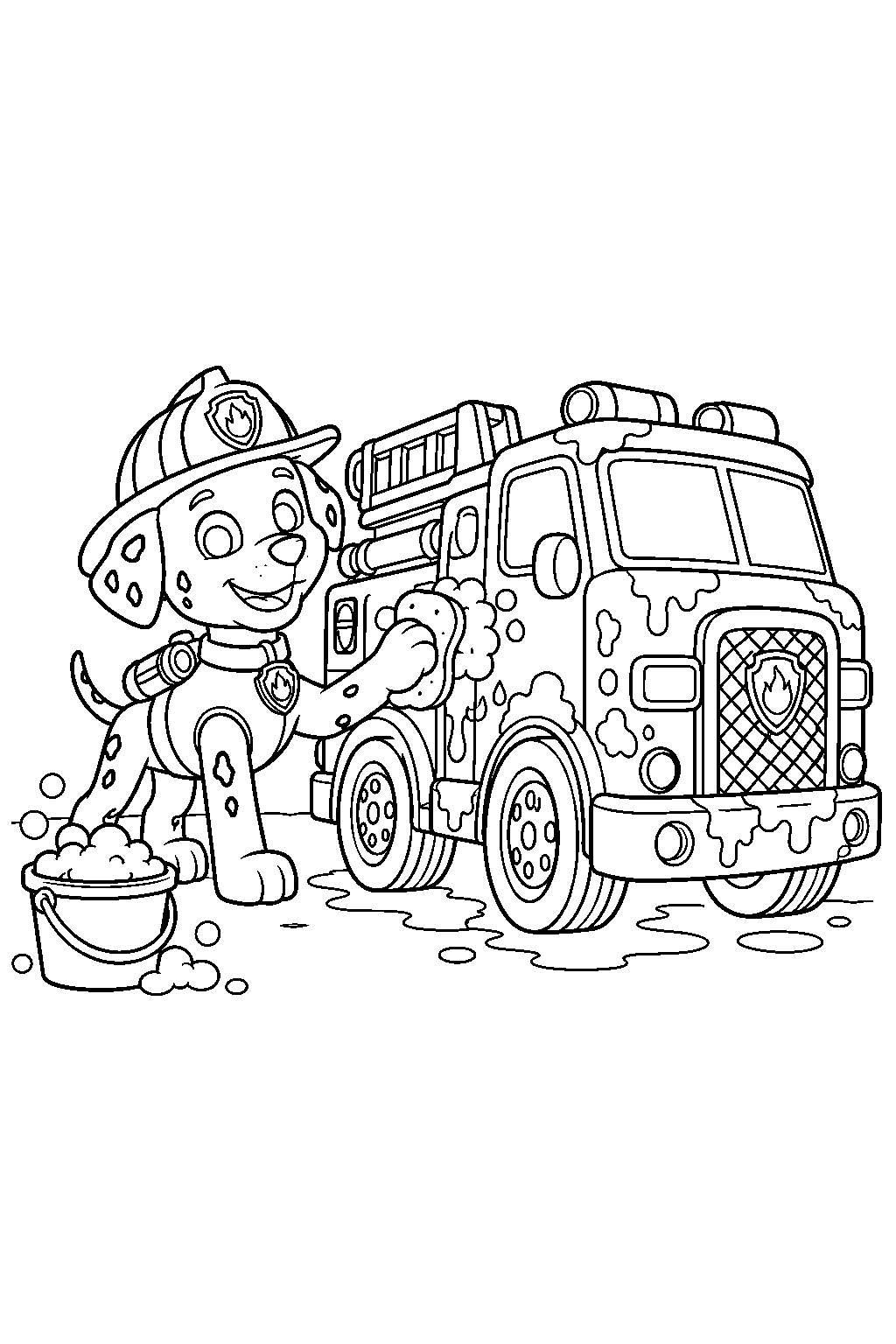 paw patrol marshall washing mud off his fire truck after a rescue line art