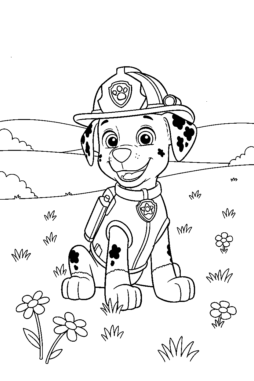 paw patrol marshall watching in meadow line art