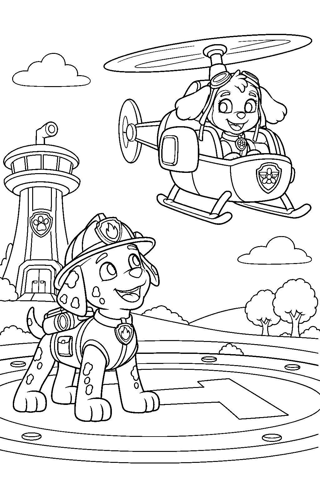 paw patrol marshall watching skye take off in her helicopter from the landing pad line art