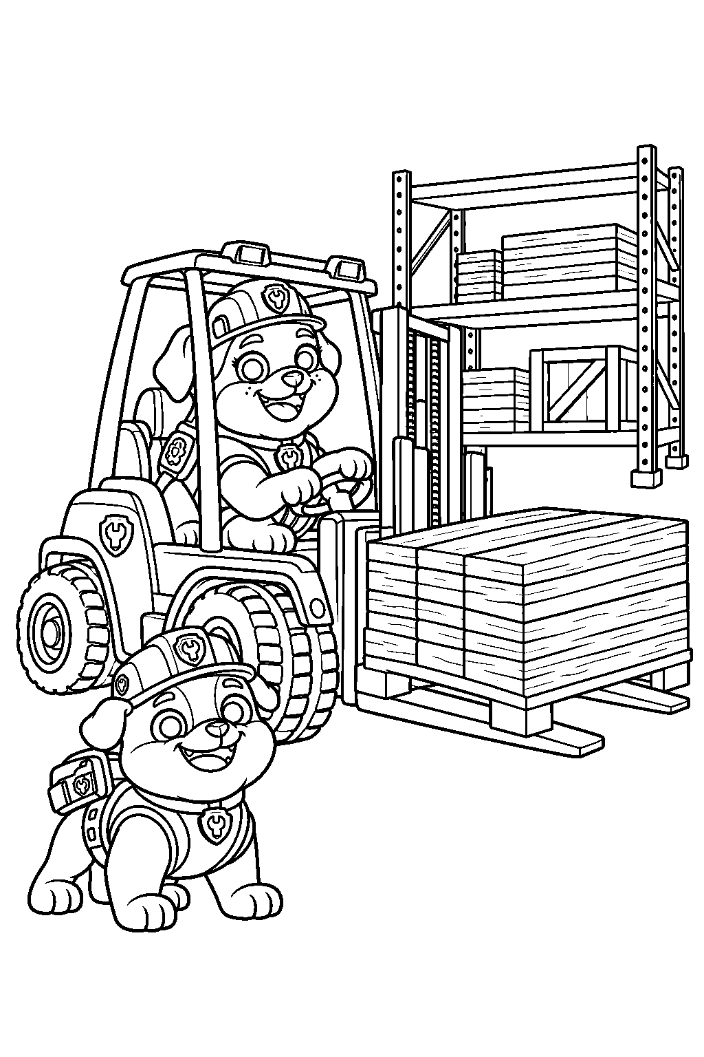 paw patrol rubble and auntie crane organizing building supplies in the warehouse line art
