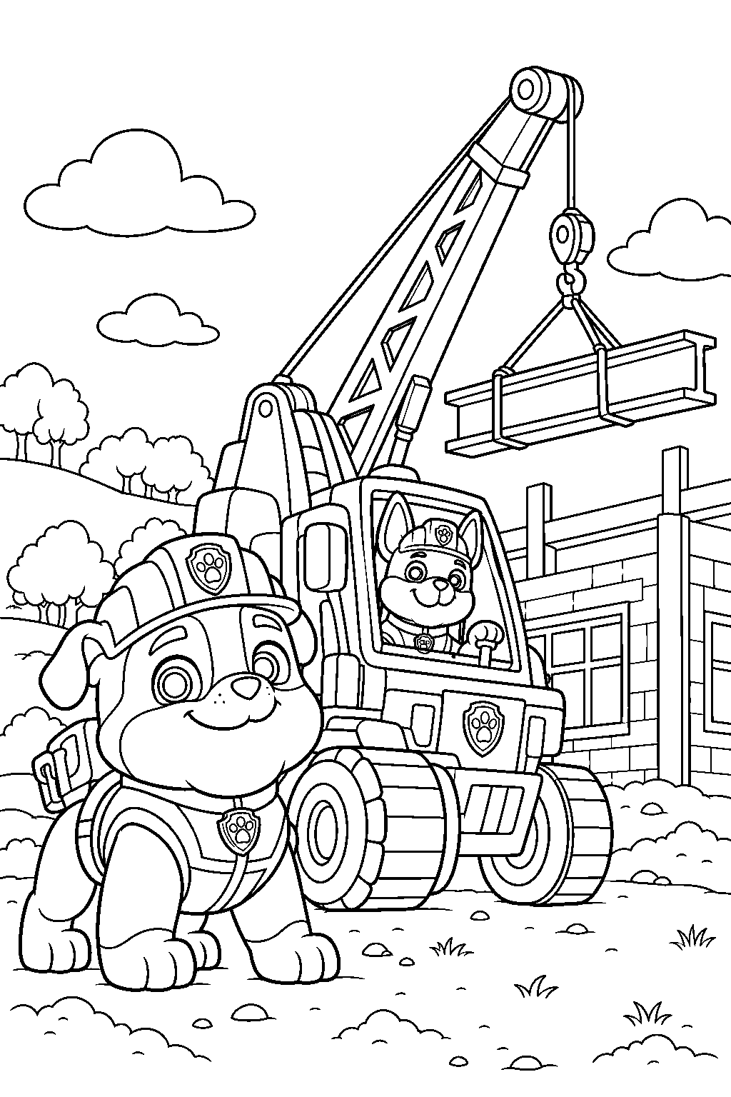 paw patrol rubble and charger lifting a steel beam for a new school in builder cove line art