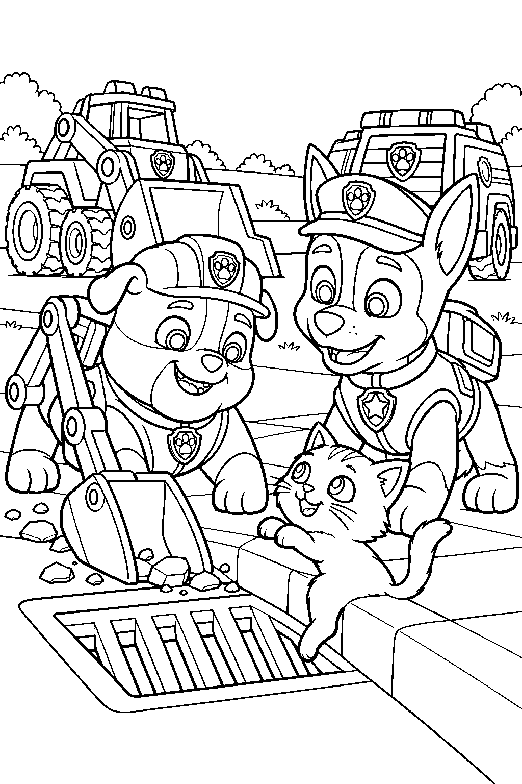 paw patrol rubble and chase helping a kitten out of a roadside drain line art