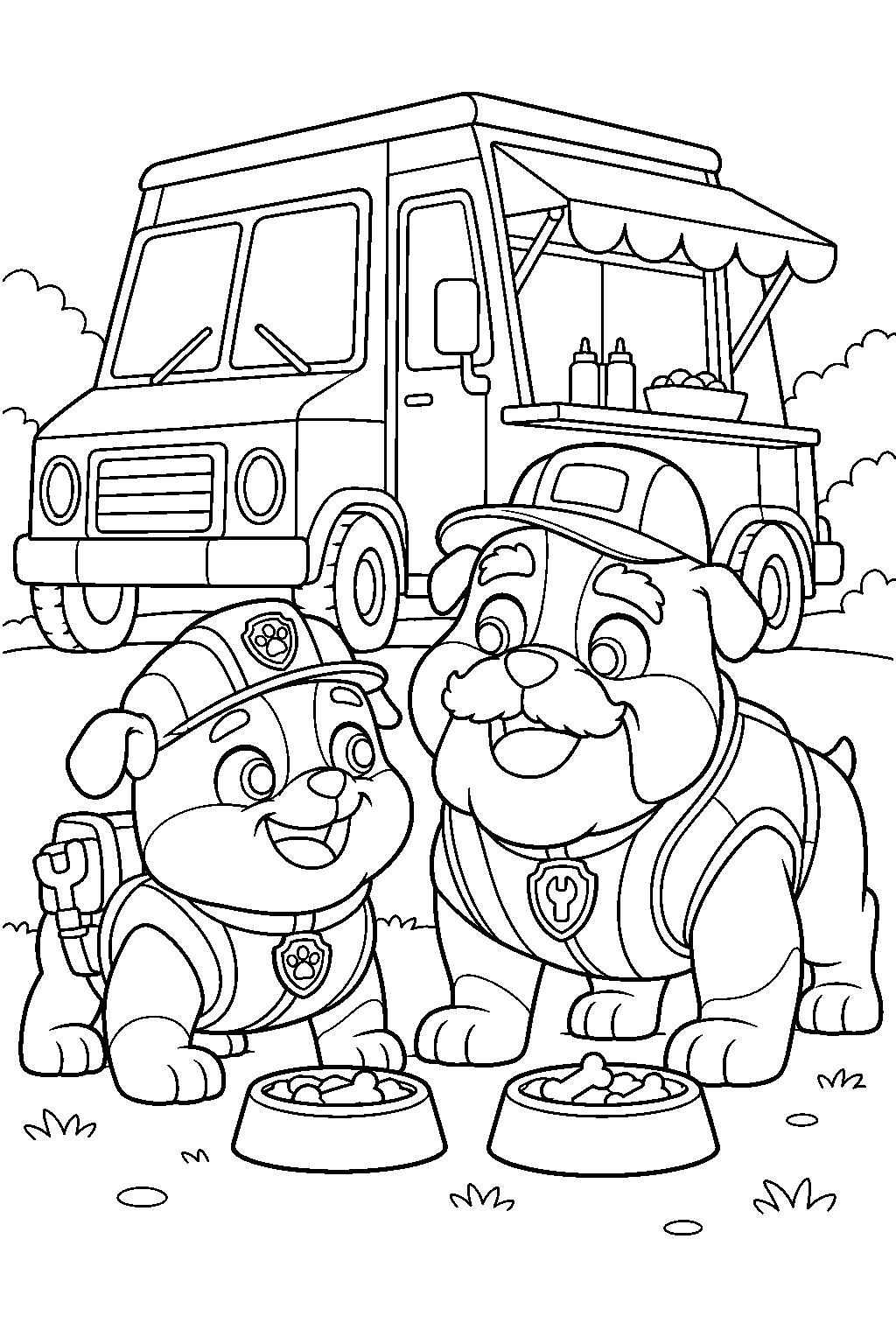 paw patrol rubble and grandpa gravel sharing a snack beside the food truck line art
