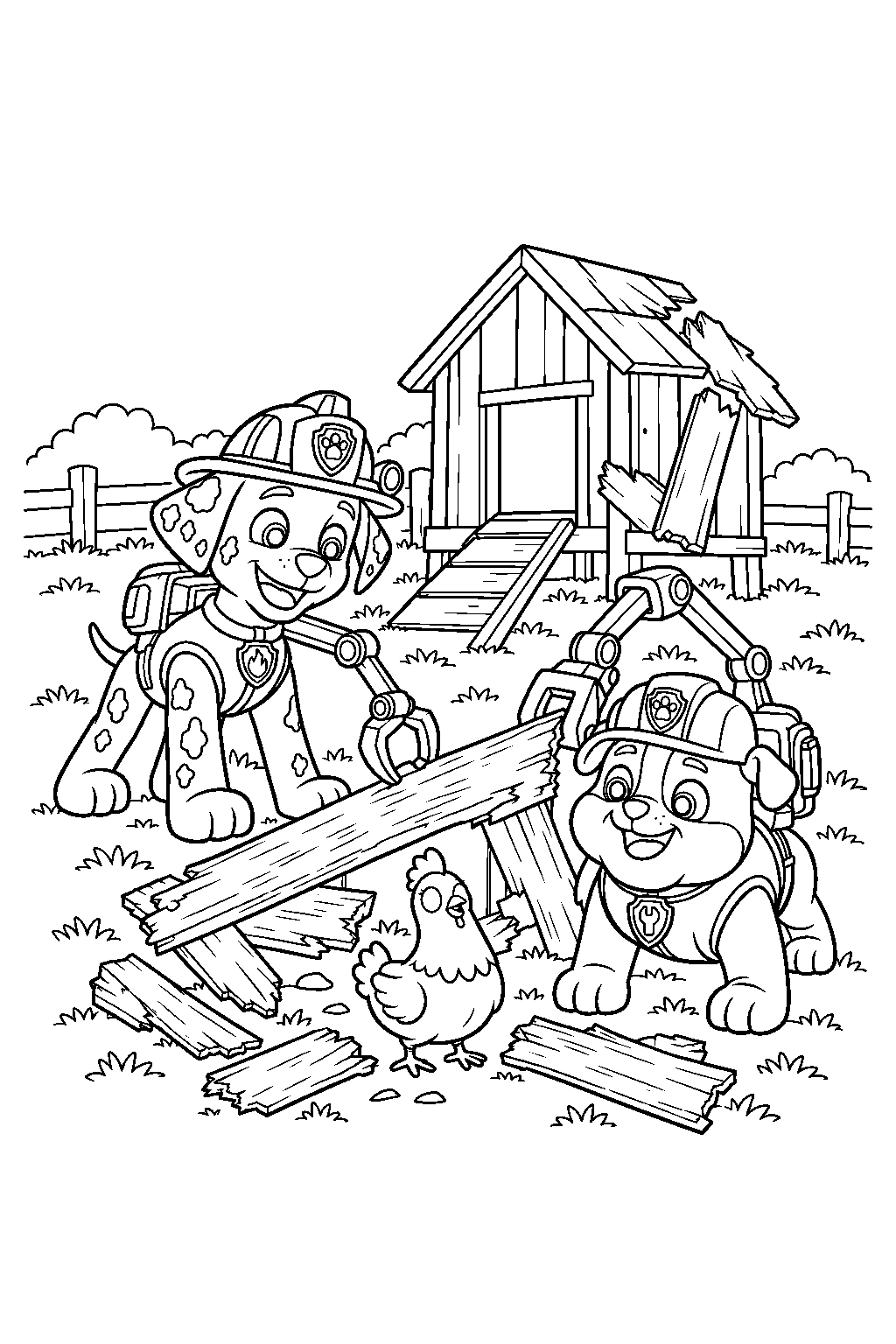 paw patrol rubble and marshall rescuing chickaletta from a damaged chicken coop line art