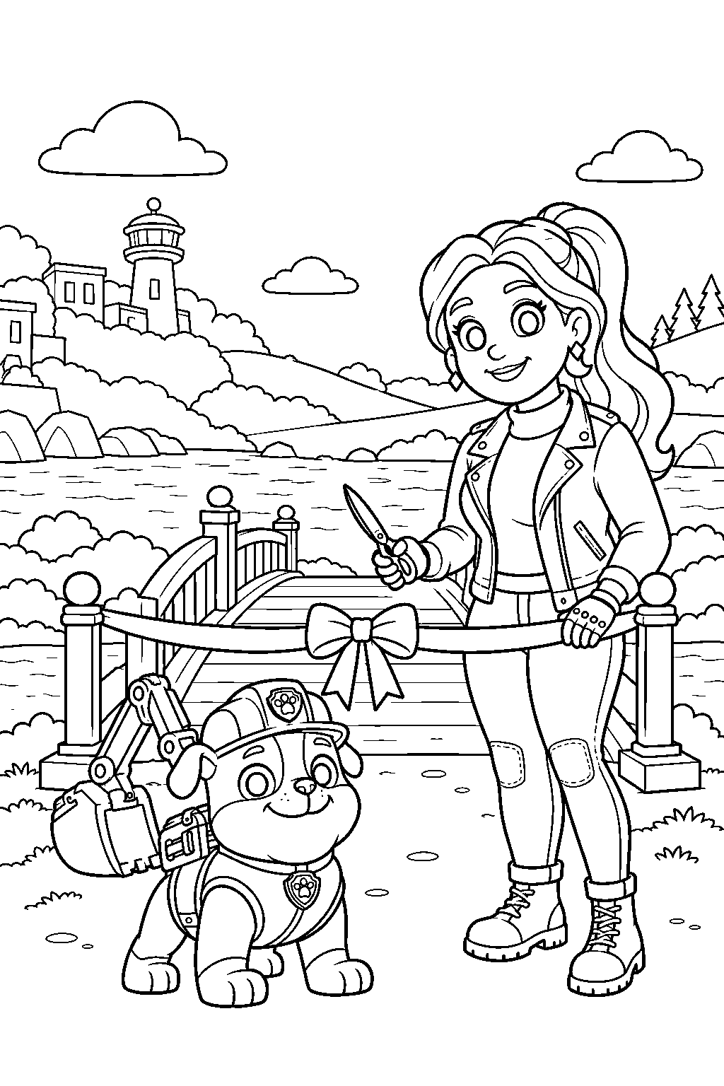 paw patrol rubble and mayor greatway opening a newly built bridge in builder cove line art