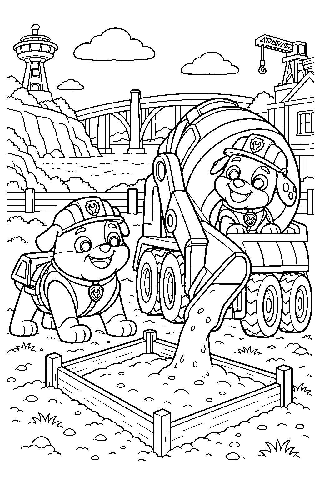 paw patrol rubble and mix pouring concrete for a sidewalk in builder cove line art