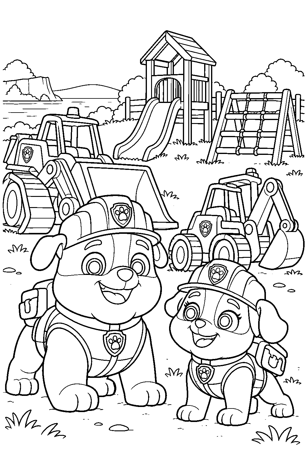 paw patrol rubble and motor building a playground in builder cove line art