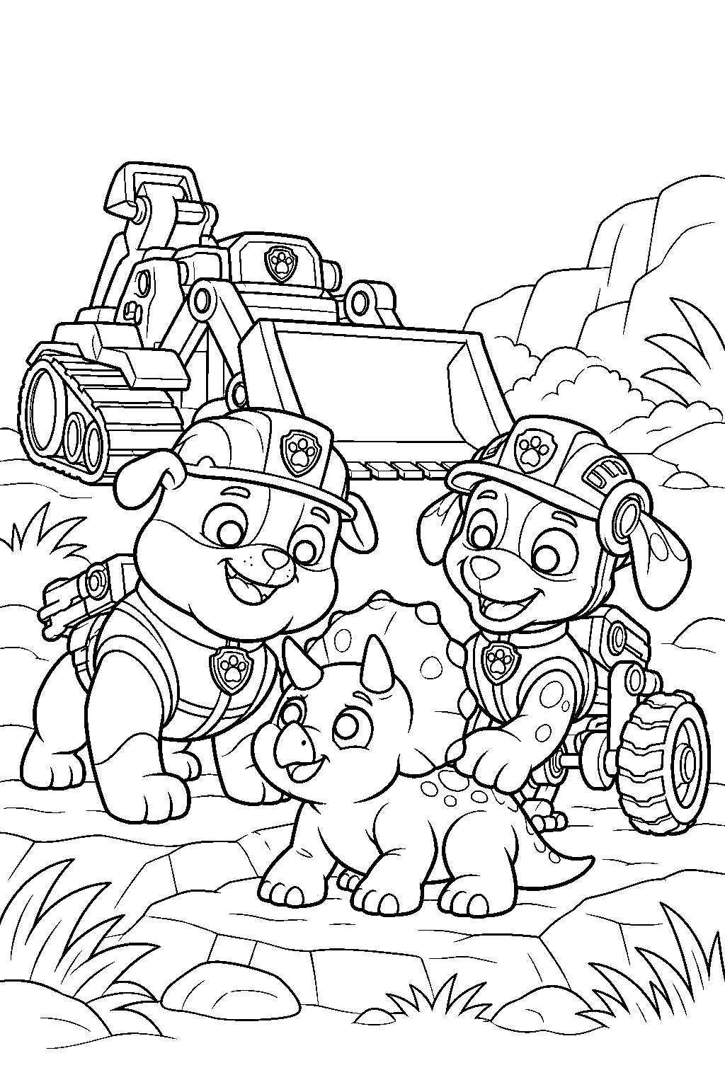 paw patrol rubble and rex helping a baby triceratops in dino rescue gear line art