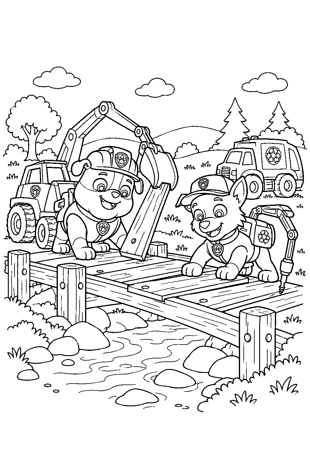 paw patrol rubble and rocky repairing a wooden bridge over a stream line art