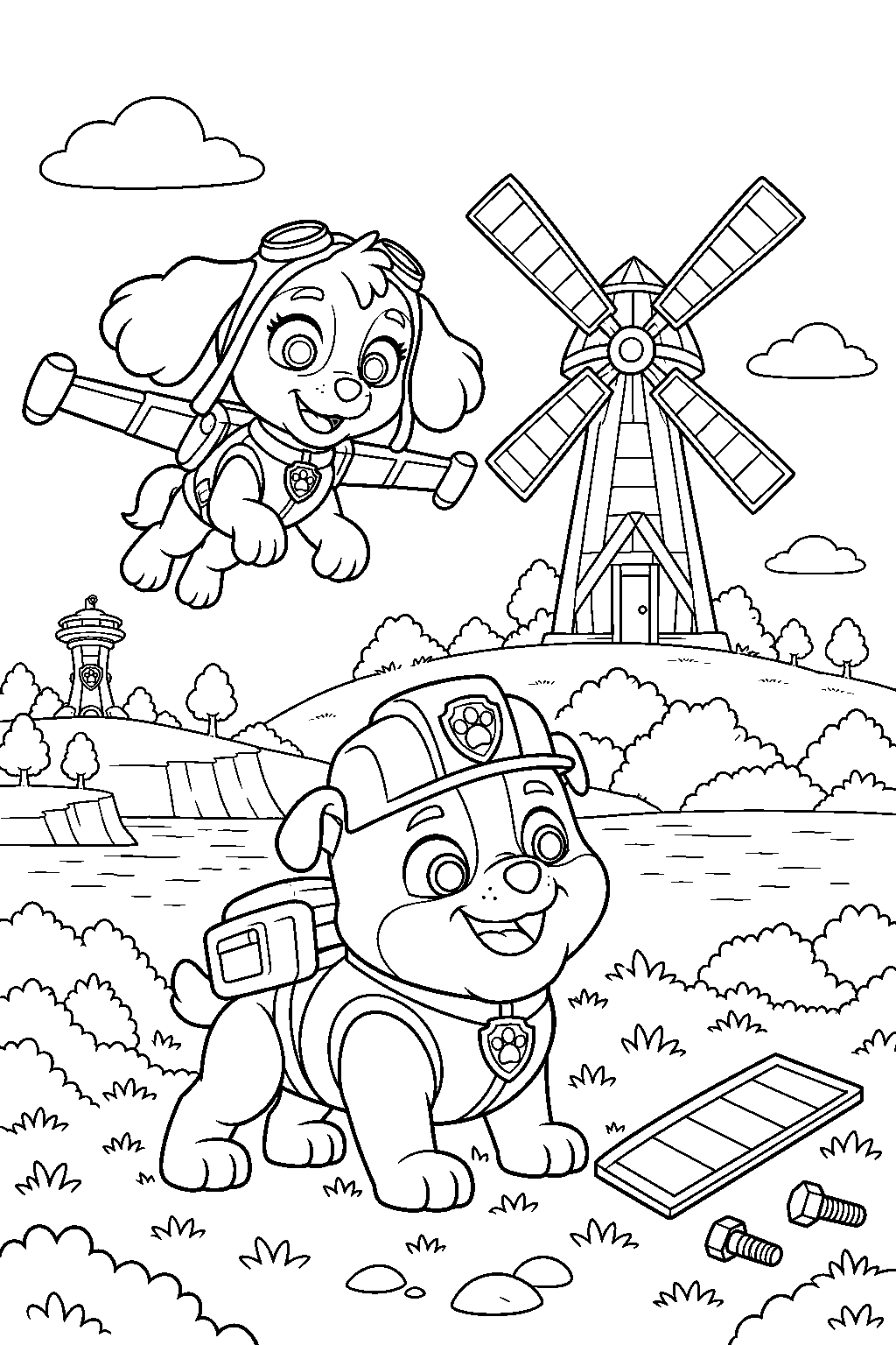 paw patrol rubble and skye repairing a windmill in adventure bay line art
