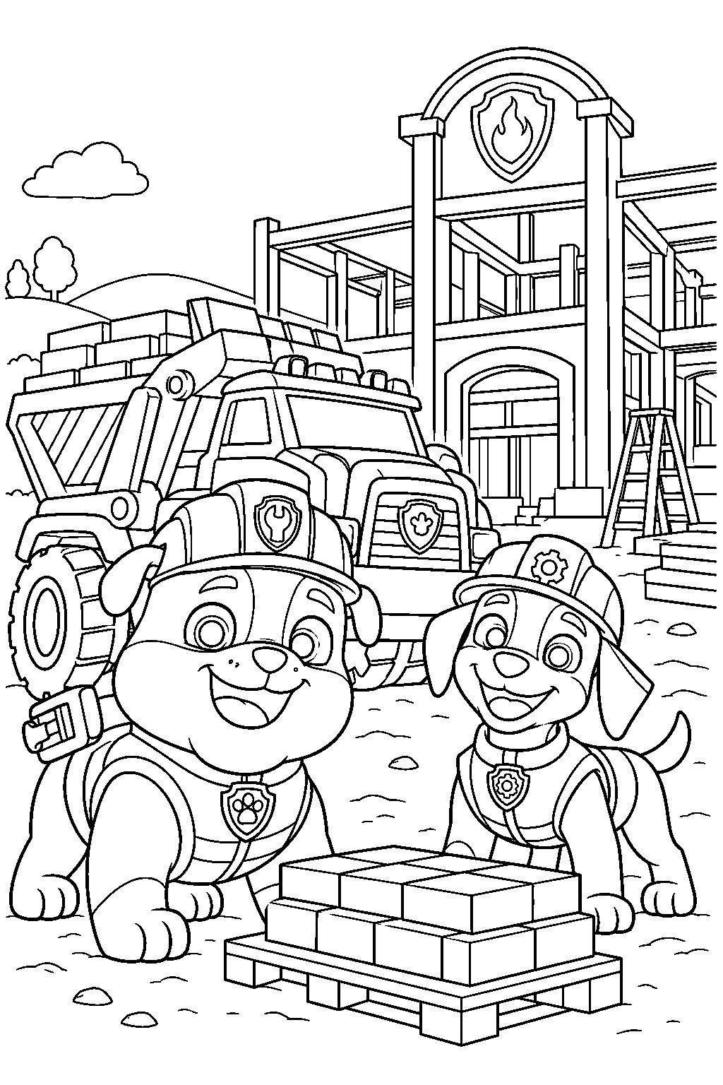 paw patrol rubble and wheeler delivering bricks to a new fire station in builder cove line art
