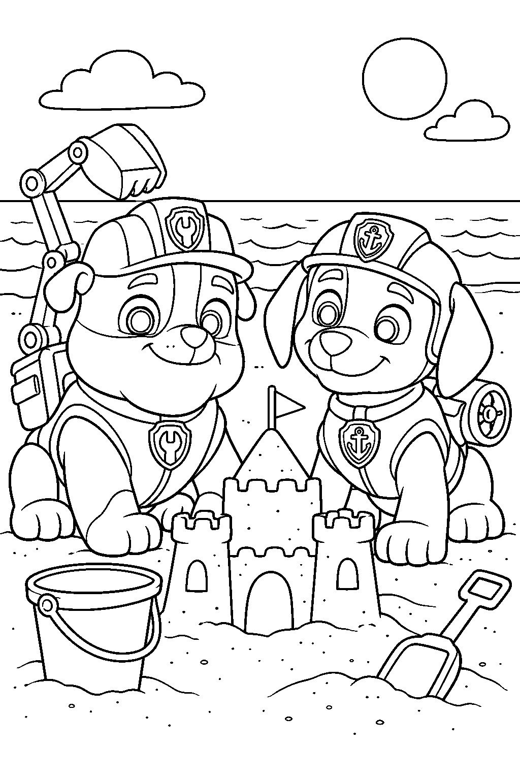 paw patrol rubble and zuma building a sandcastle on the beach line art
