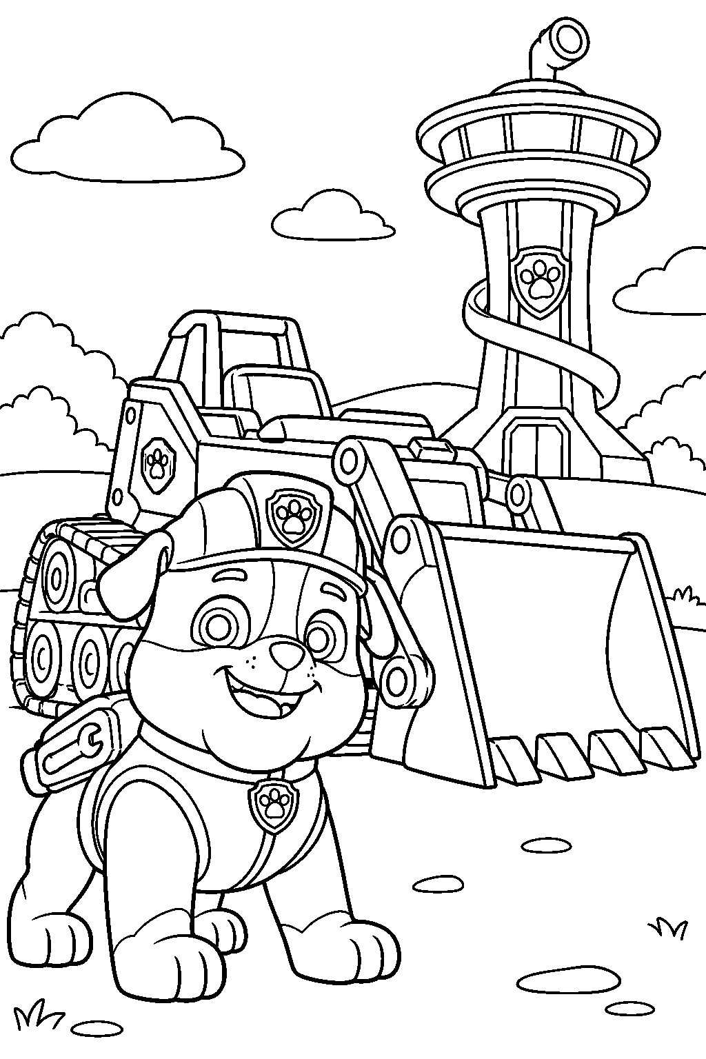 paw patrol rubble beside his bulldozer at the lookout tower line art