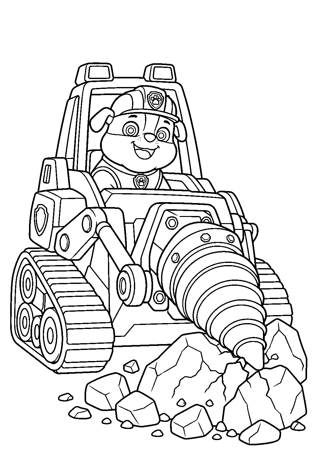 paw patrol rubble breaking a boulder with his bulldozer drill line art