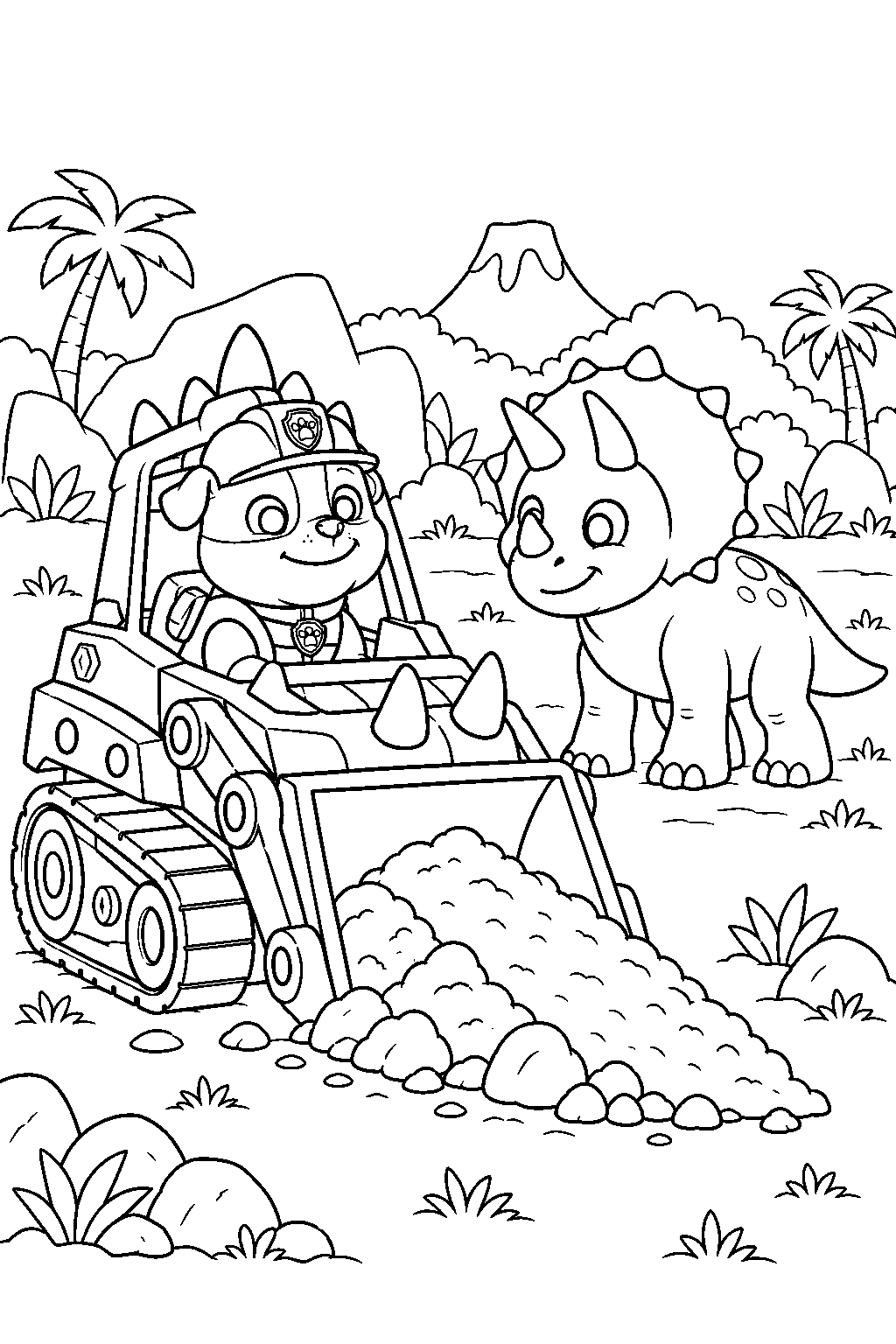 paw patrol rubble building a ramp for a dinosaur with his dino rescue bulldozer line art