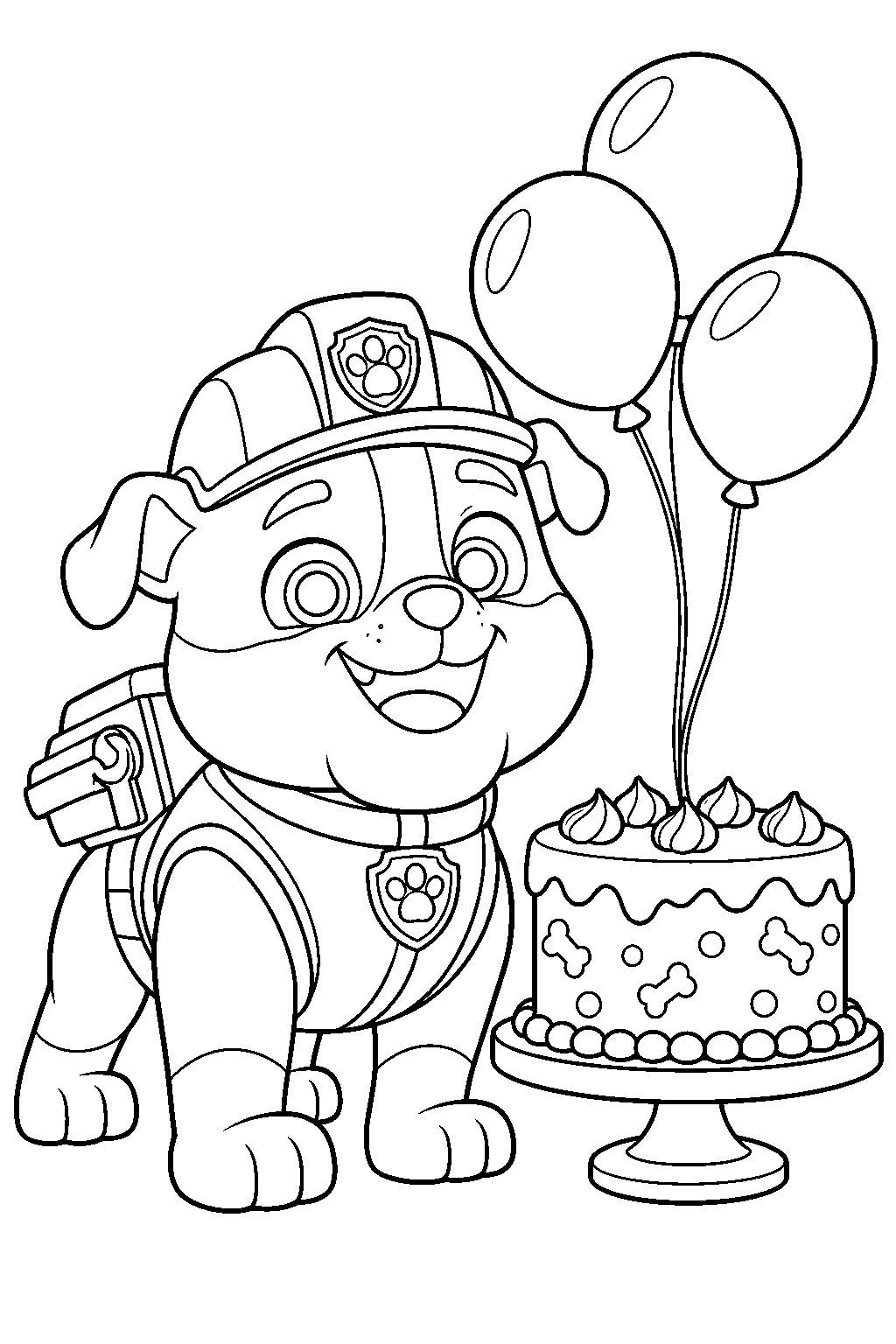 paw patrol rubble celebrating his birthday beside a cake and balloons line art