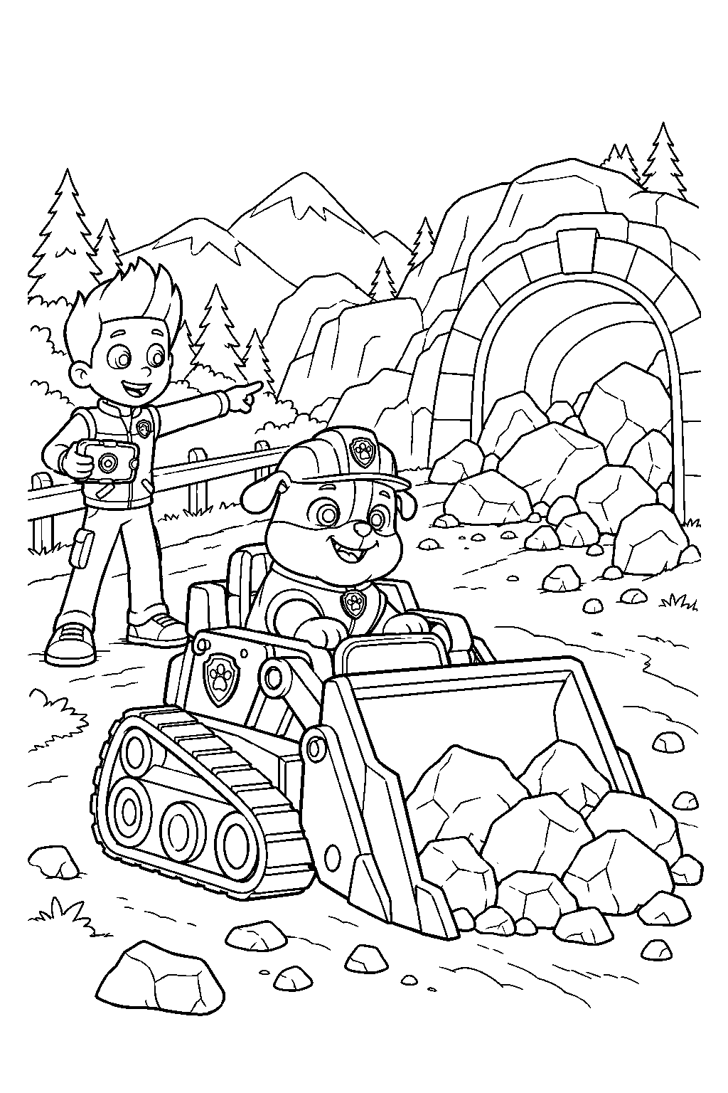 paw patrol rubble clearing a blocked tunnel entrance while ryder directs the rescue line art