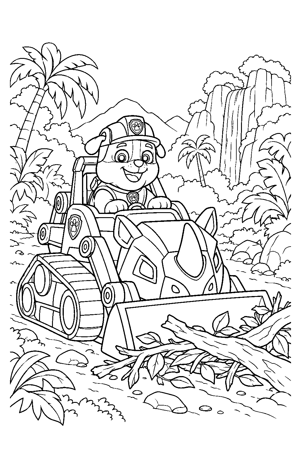 paw patrol rubble clearing a jungle trail with his jungle pups rhino vehicle line art