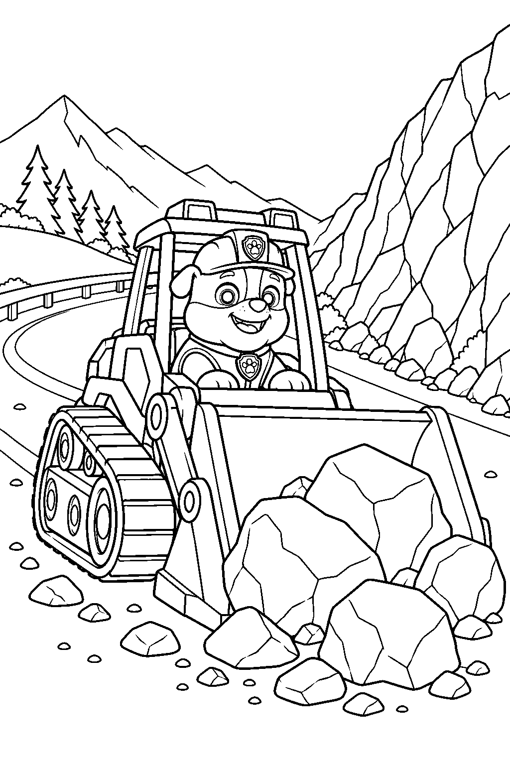 paw patrol rubble clearing a mountain rockslide with his bulldozer line art