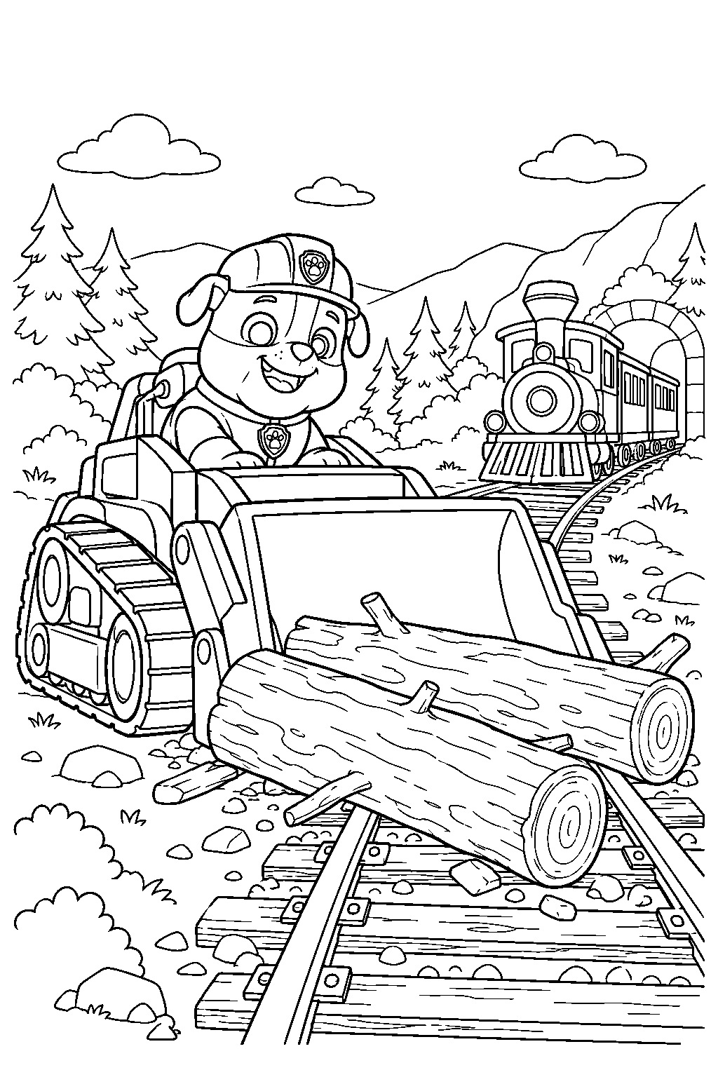 paw patrol rubble clearing fallen logs from railway tracks before a train arrives line art