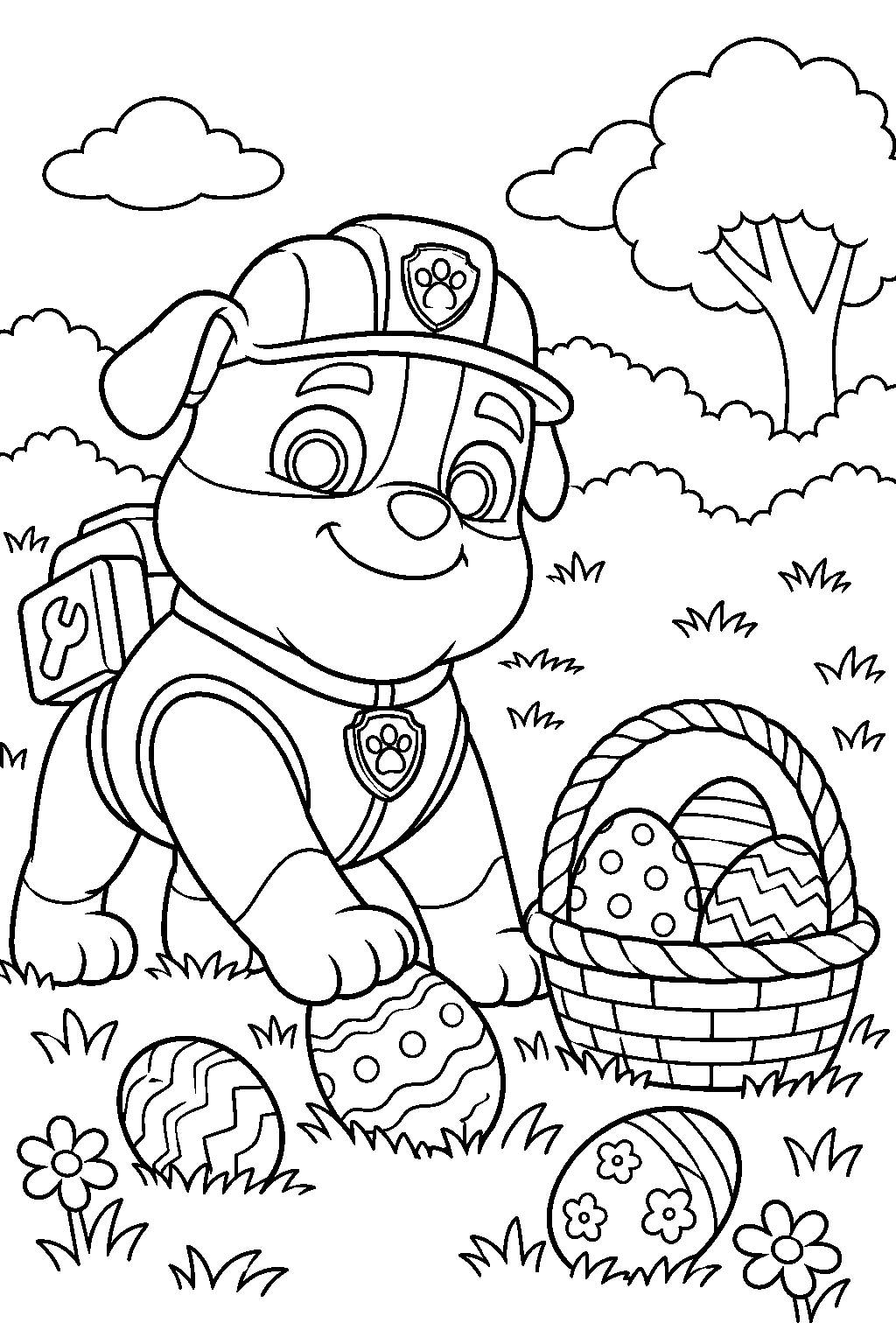 paw patrol rubble collecting easter eggs in a basket line art
