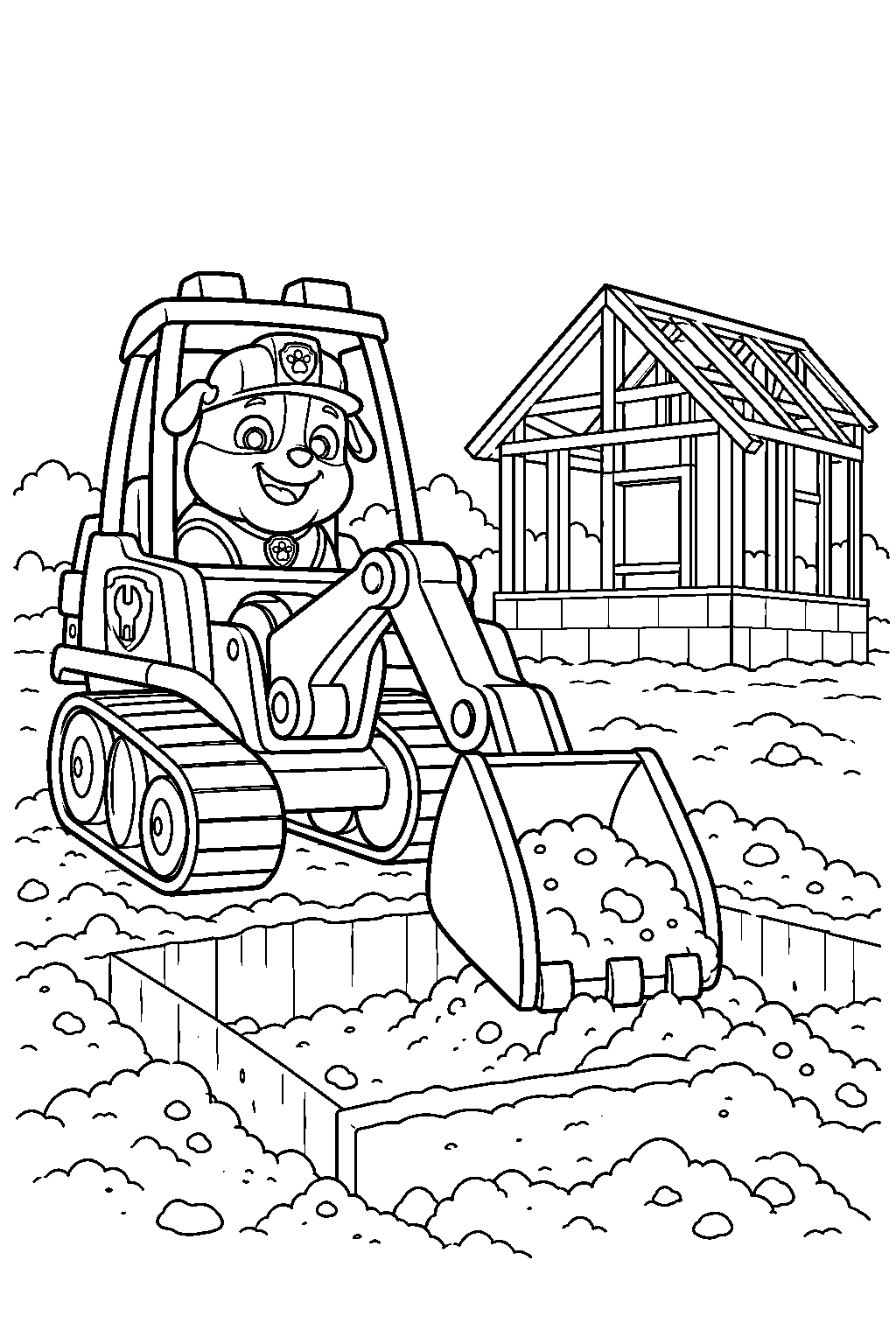 paw patrol rubble digging a house foundation with his digger line art