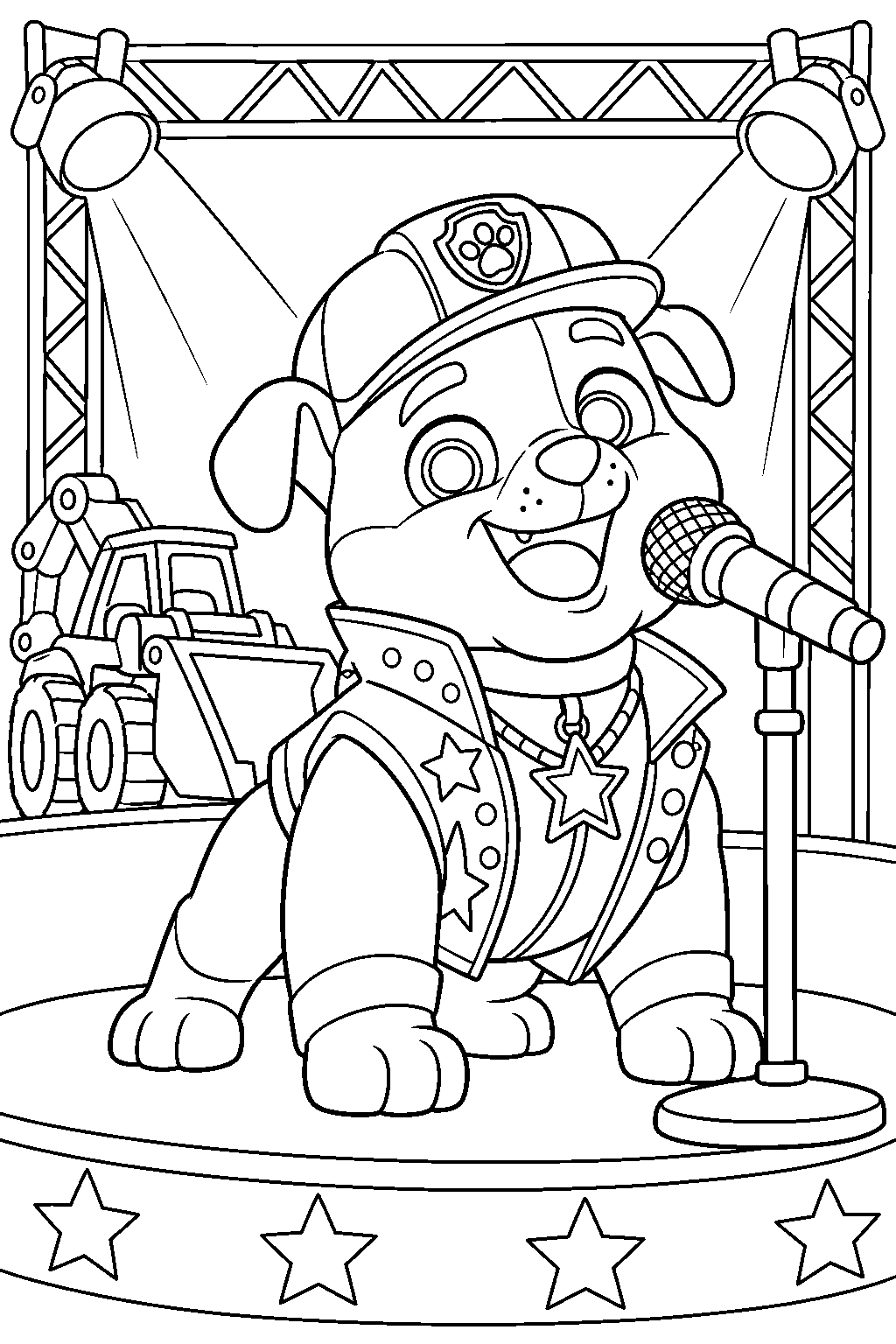 paw patrol rubble dressed as a pop star singing into a microphone on stage line art