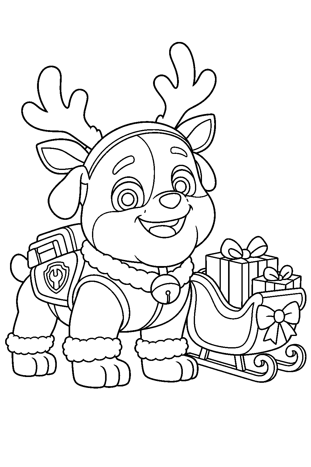 paw patrol rubble dressed as a reindeer beside a christmas sleigh line art