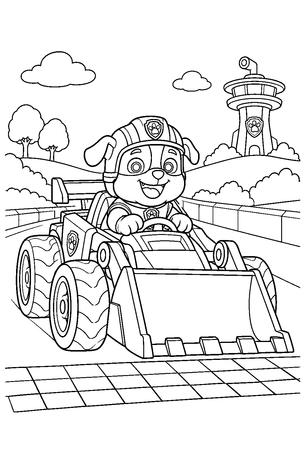 paw patrol rubble driving his ready race rescue car across the finish line line art