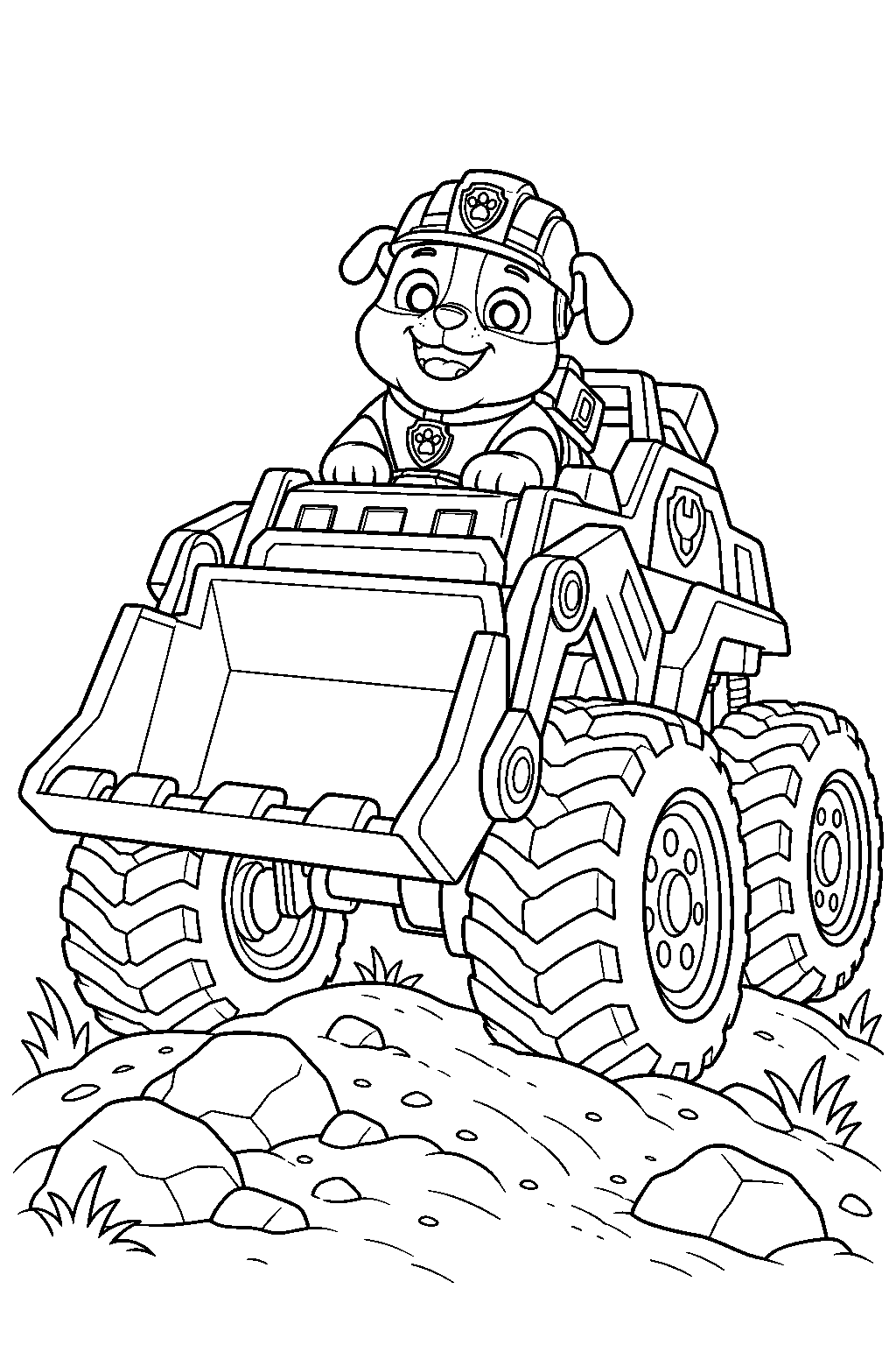 paw patrol rubble driving his rescue wheels bulldozer over an off road obstacle course line art
