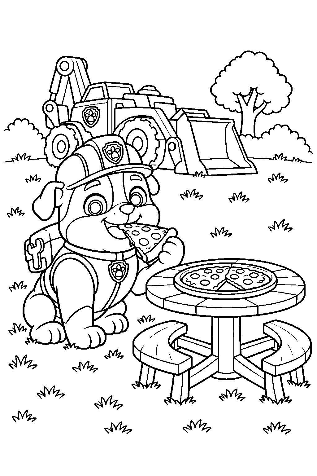 paw patrol rubble eating a slice of pizza beside a picnic table line art