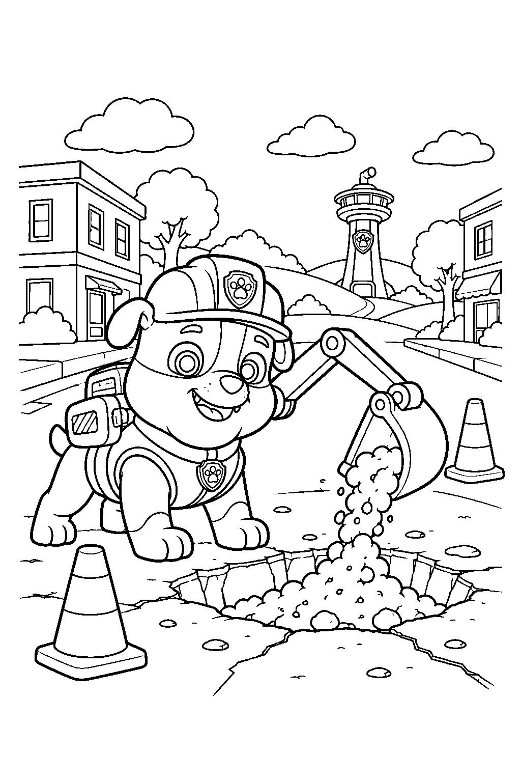 paw patrol rubble filling a road pothole with his pup pack shovel line art