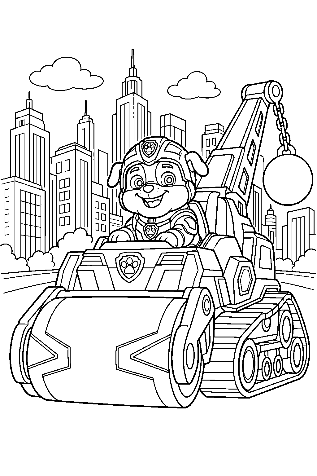 paw patrol rubble in his mighty movie suit driving his rescue bulldozer through adventure city line art