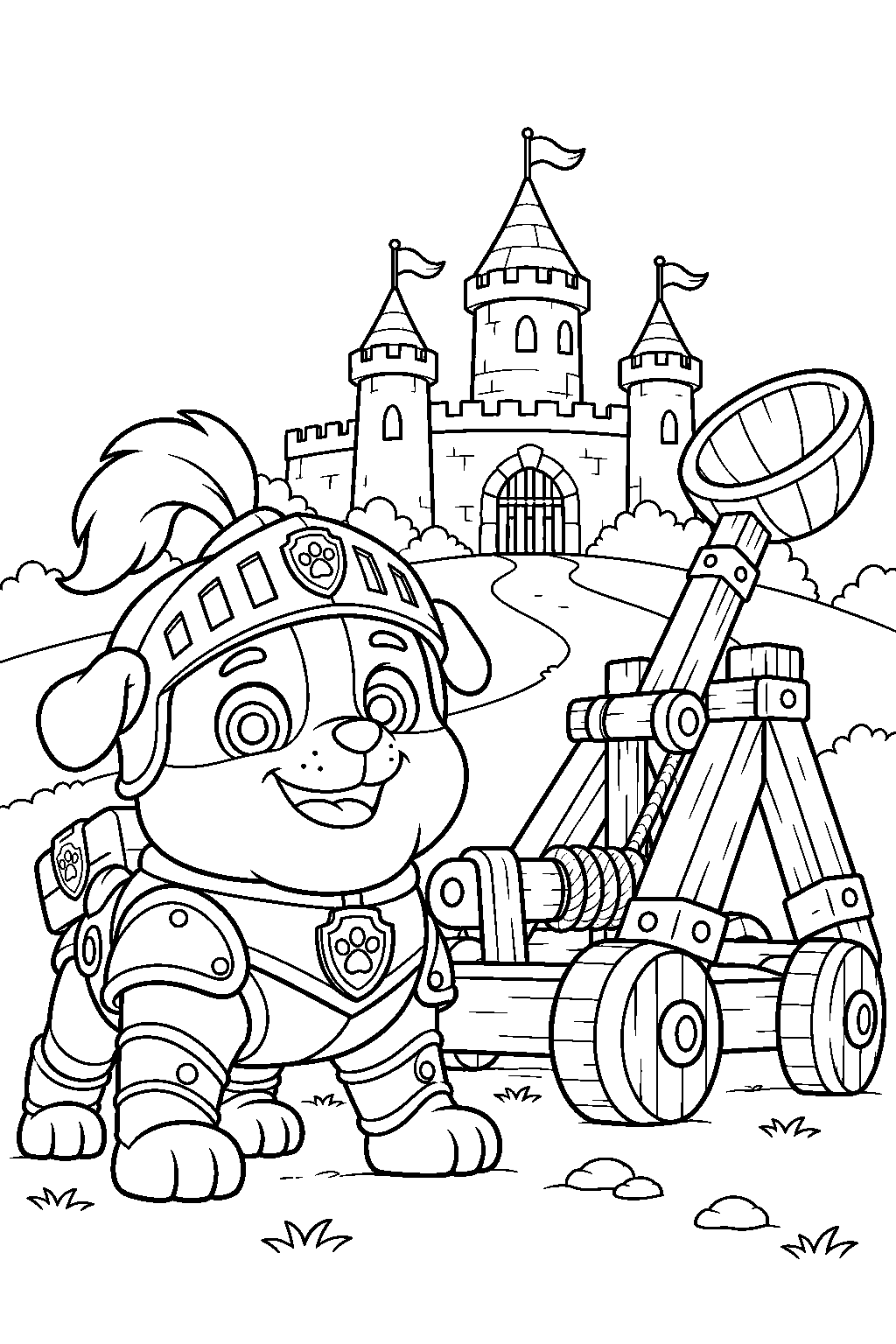 paw patrol rubble in rescue knights armor operating his catapult beside barkingburg castle line art