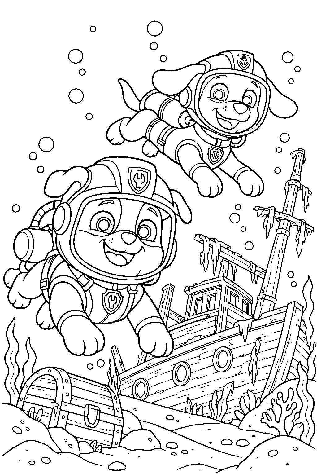 paw patrol rubble in scuba gear exploring a sunken ship with zuma line art