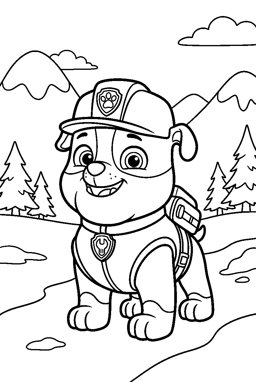 paw patrol rubble in snowy mountain line art