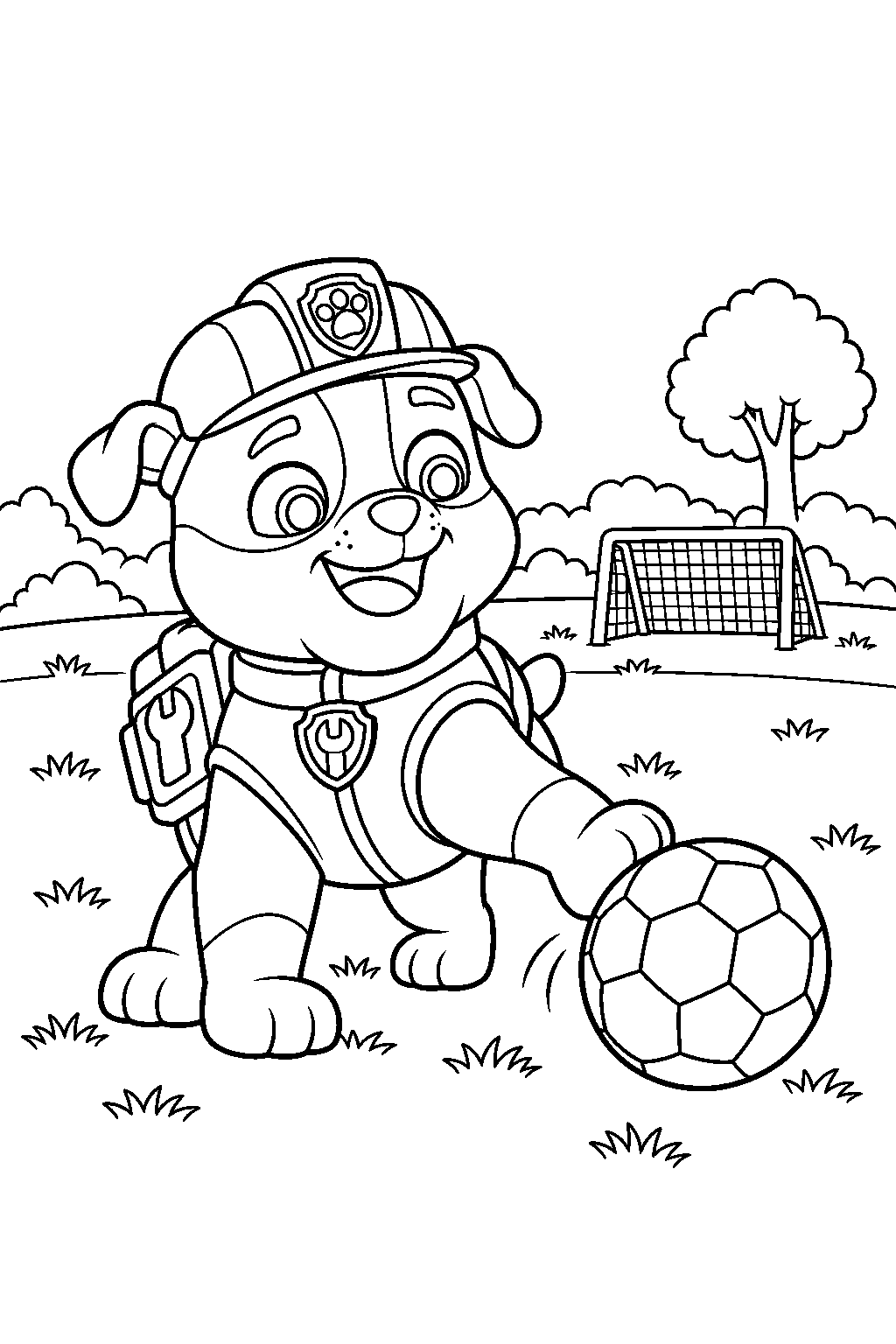 paw patrol rubble kicking a soccer ball toward a goal line art