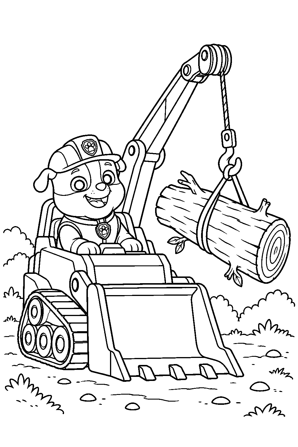 paw patrol rubble lifting a fallen tree with his bulldozer crane line art