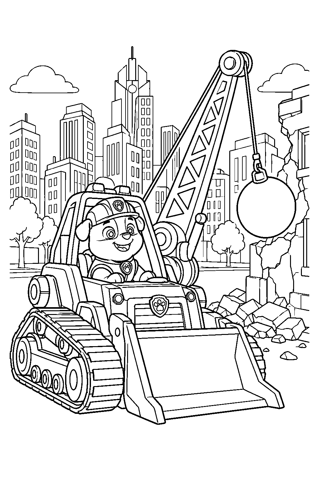 paw patrol rubble operating his movie bulldozer wrecking ball in adventure city line art