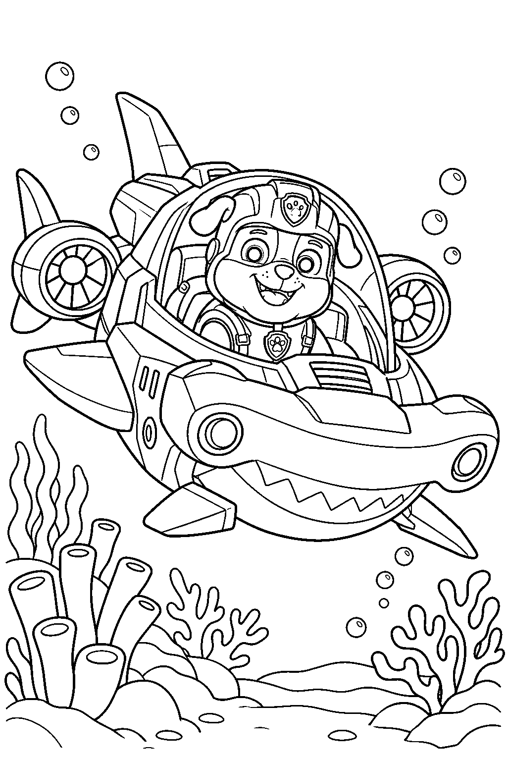 paw patrol rubble piloting his aqua pups hammerhead vehicle through a coral reef line art