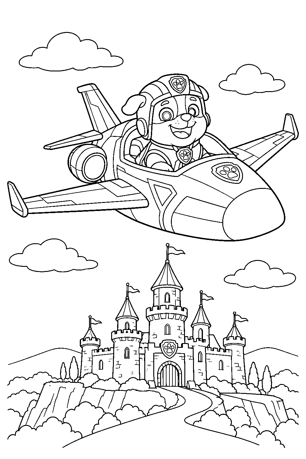 paw patrol rubble piloting his jet to the rescue plane above barkingburg castle line art