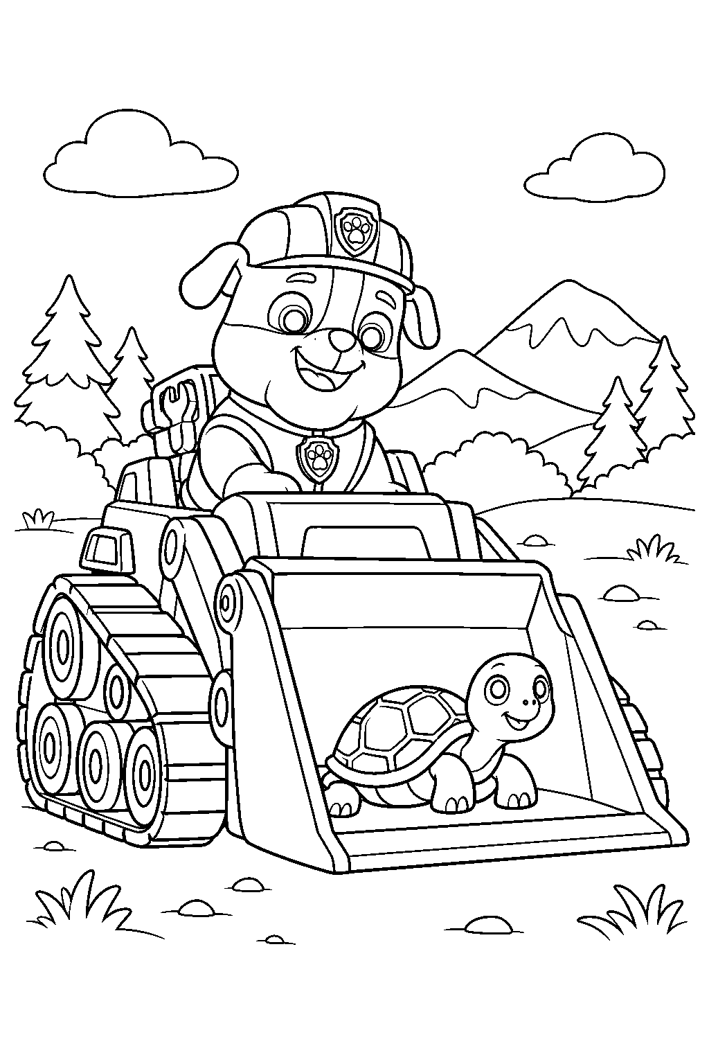 paw patrol rubble rescuing a turtle with his search and rescue bulldozer line art