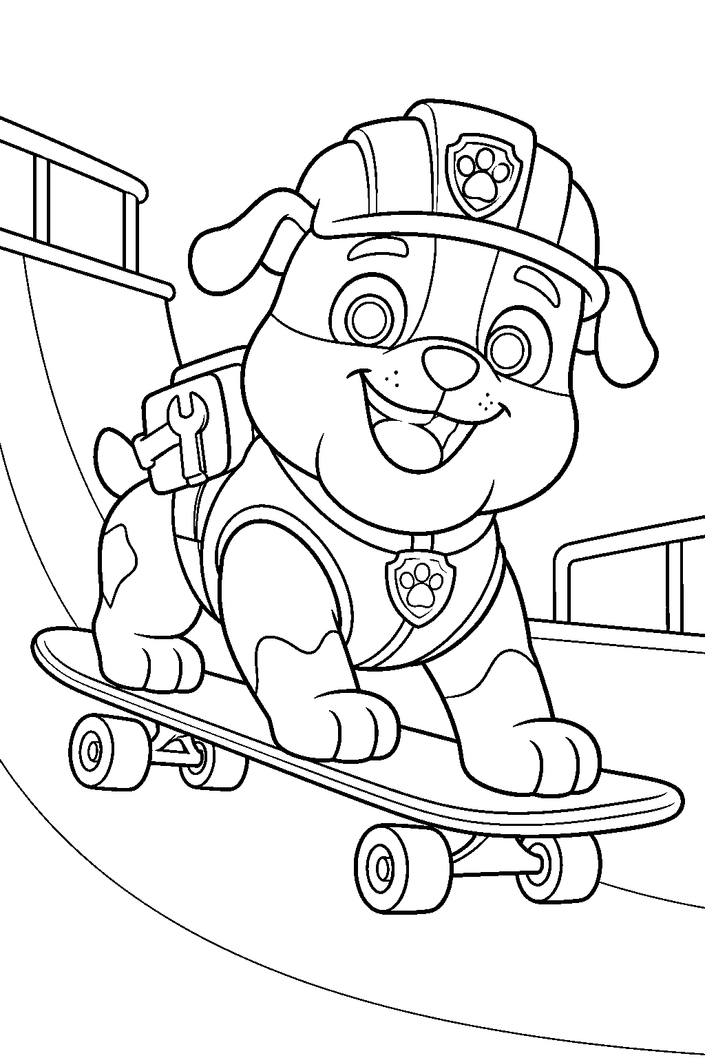 paw patrol rubble riding a skateboard down a skate park ramp line art