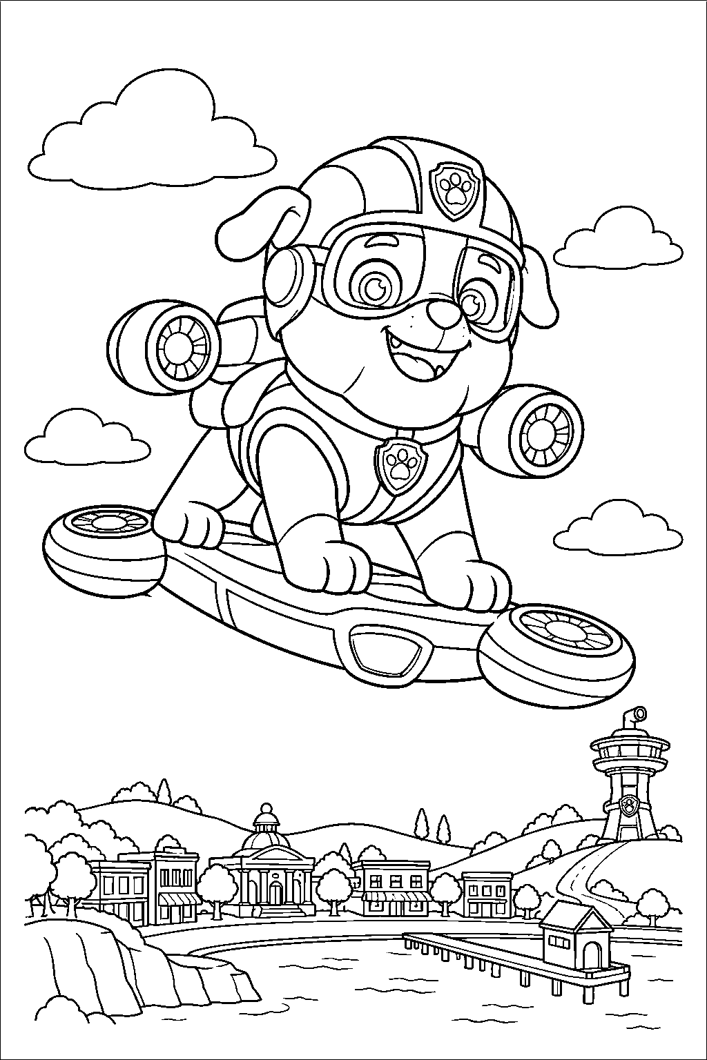 paw patrol rubble riding his air pups hoverboard above adventure bay line art