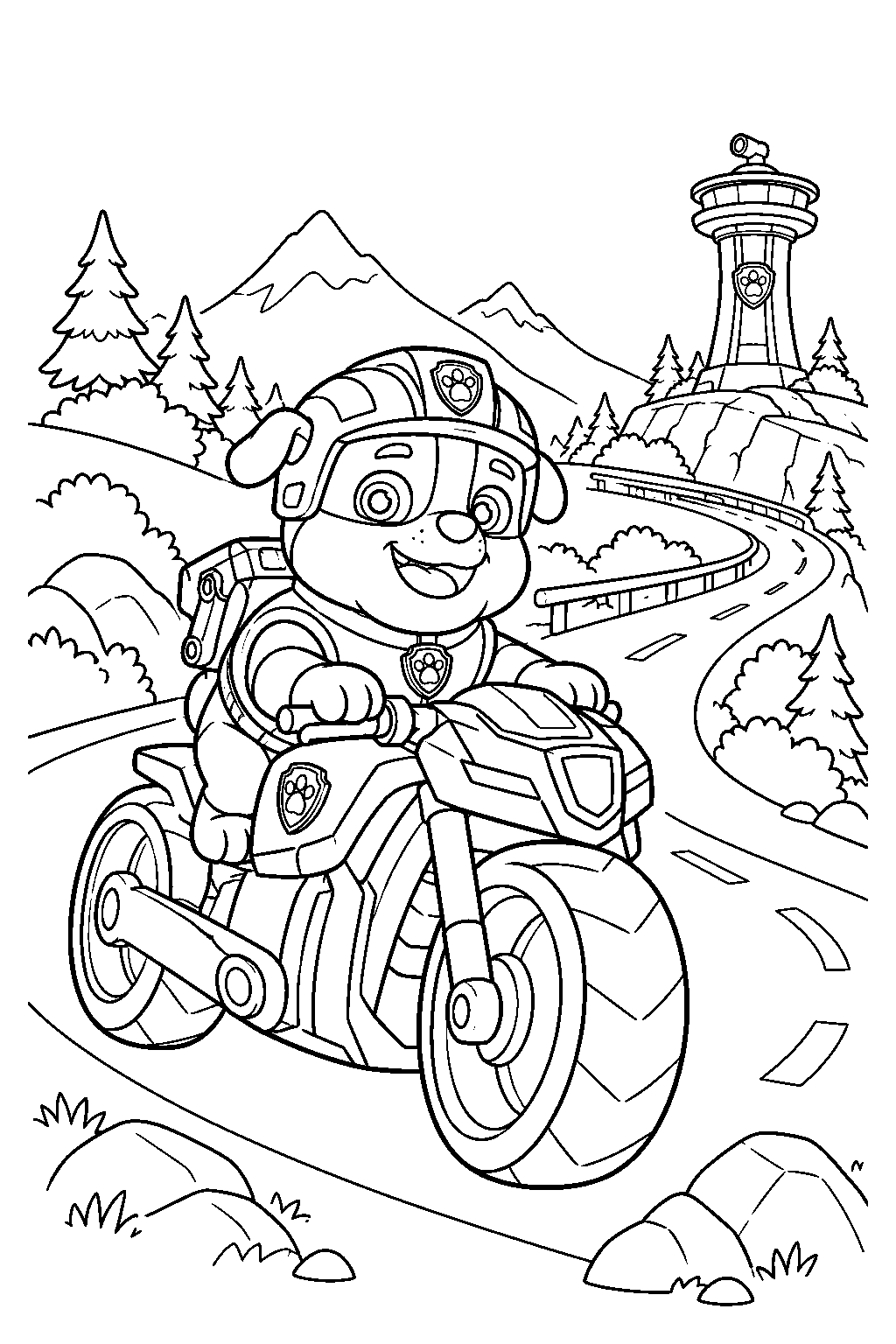 paw patrol rubble riding his moto pups motorcycle along a winding road line art