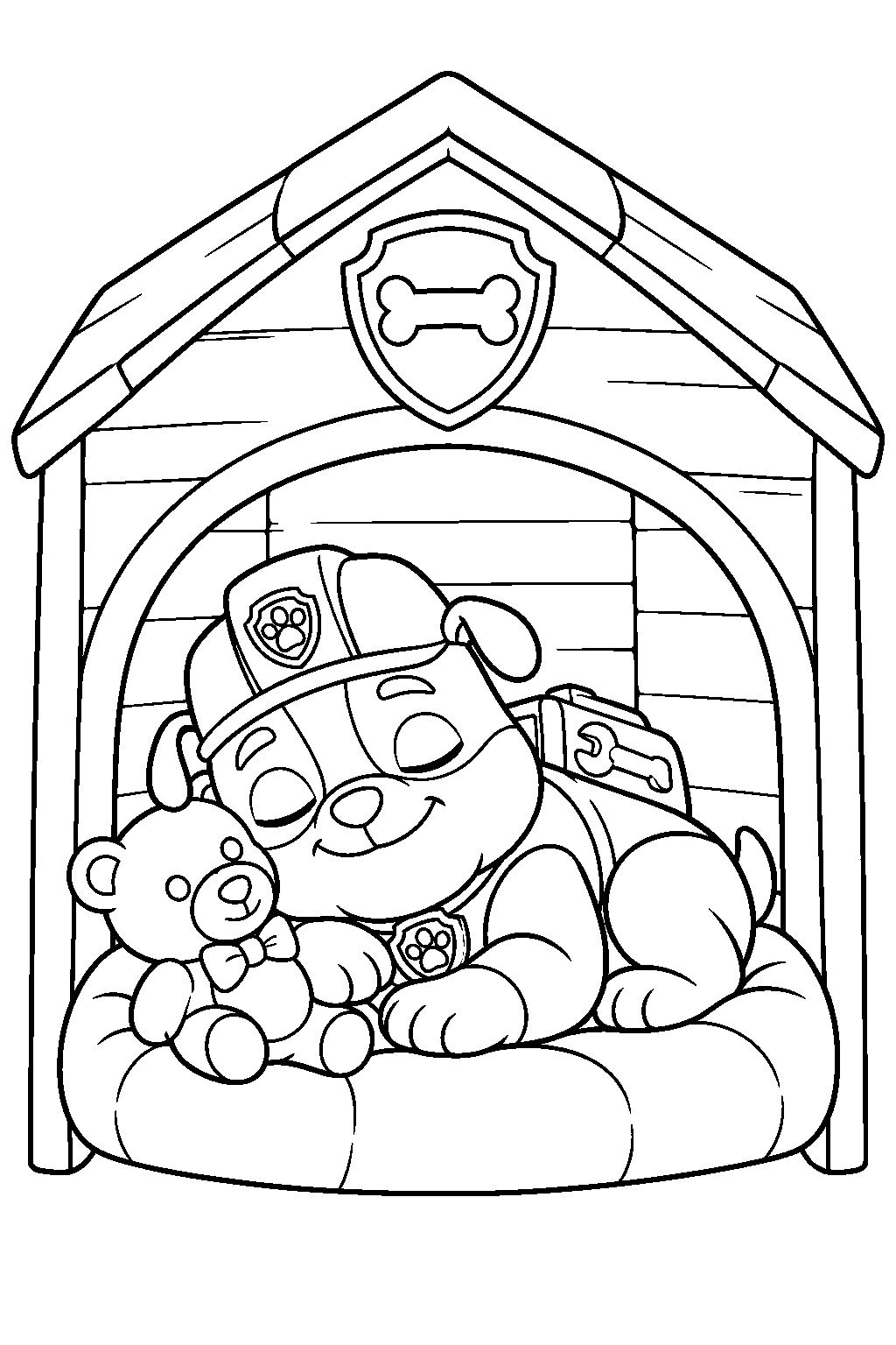 paw patrol rubble sleeping beside a teddy bear in his doghouse line art