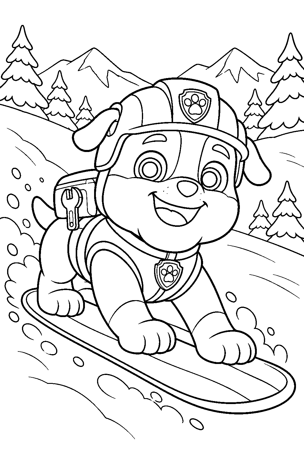 paw patrol rubble snowboarding down a snowy mountain slope line art