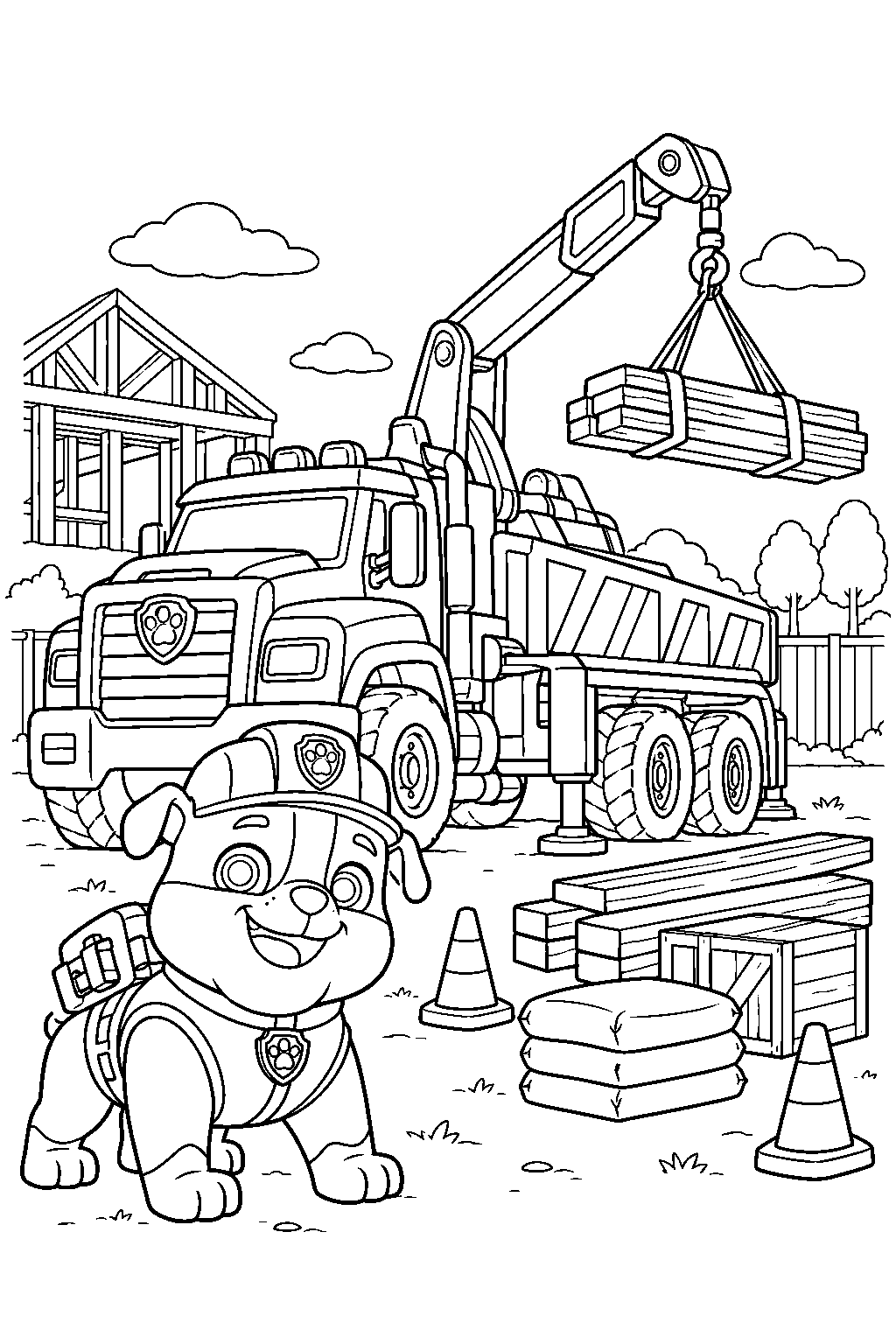 paw patrol rubble unloading building supplies from his big truck pups truck line art
