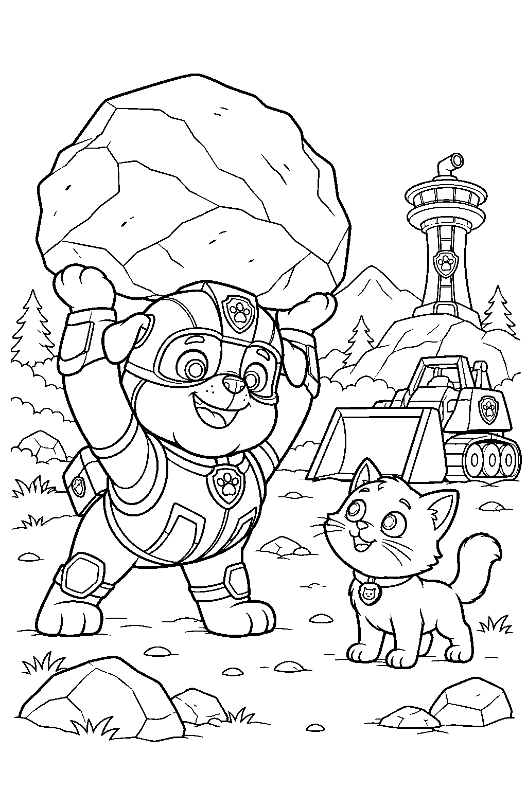 paw patrol rubble using his mighty pups super strength to lift a rock away from a kitten line art
