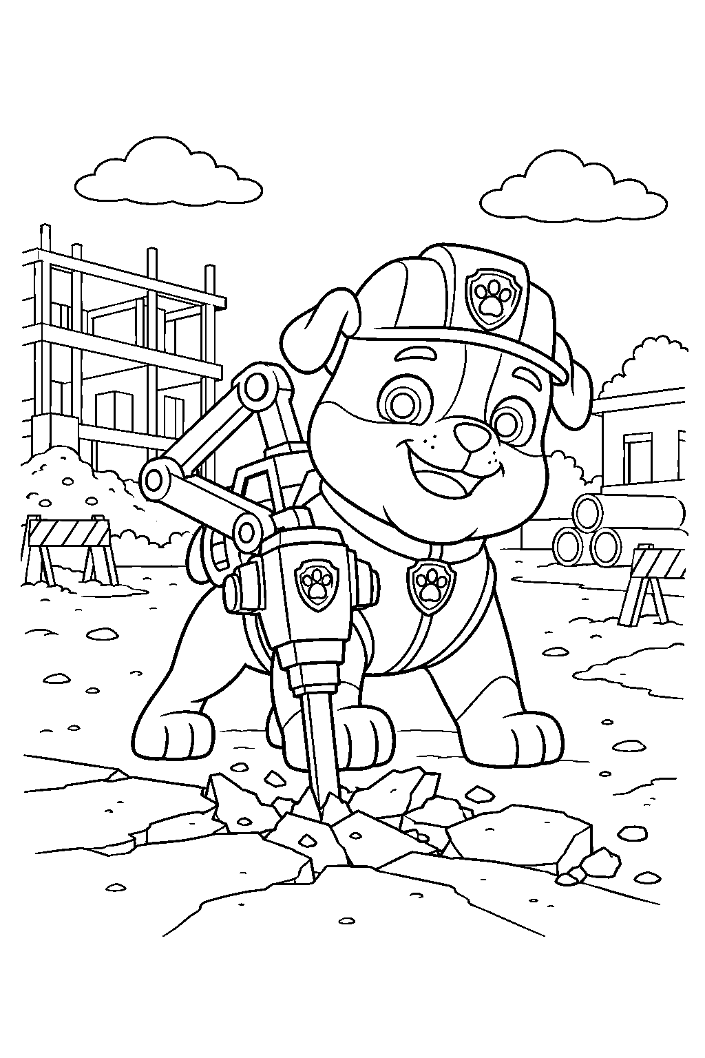 paw patrol rubble using his pup pack jackhammer to remove broken pavement line art